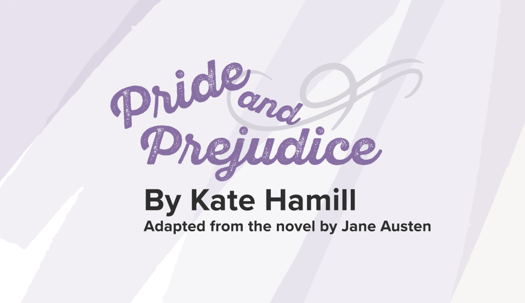 Pride and Prejudice title image. Purple text with translucent purple paint stroke background