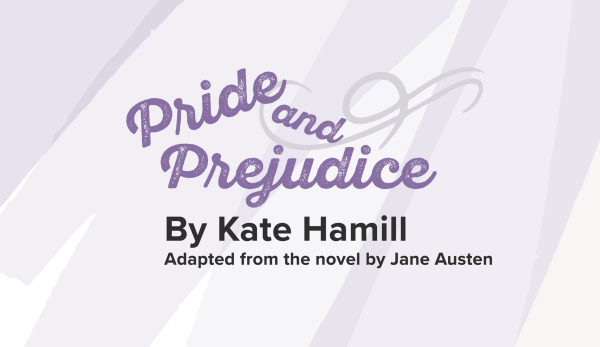 Pride and Prejudice title image. Purple text with translucent purple paint stroke background